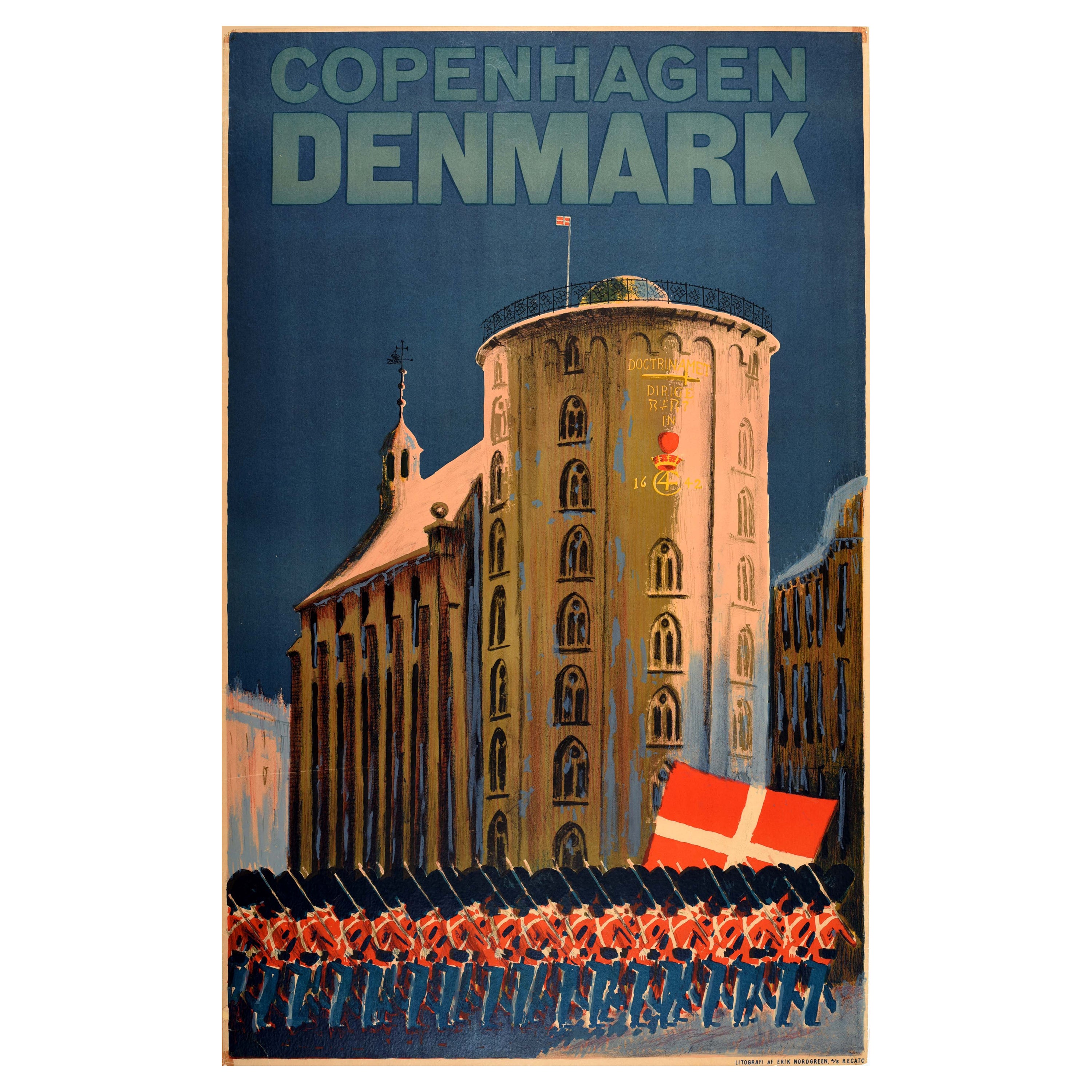 Original Vintage Travel Poster Copenhagen Denmark Royal Guard March Rundetaarn en vente