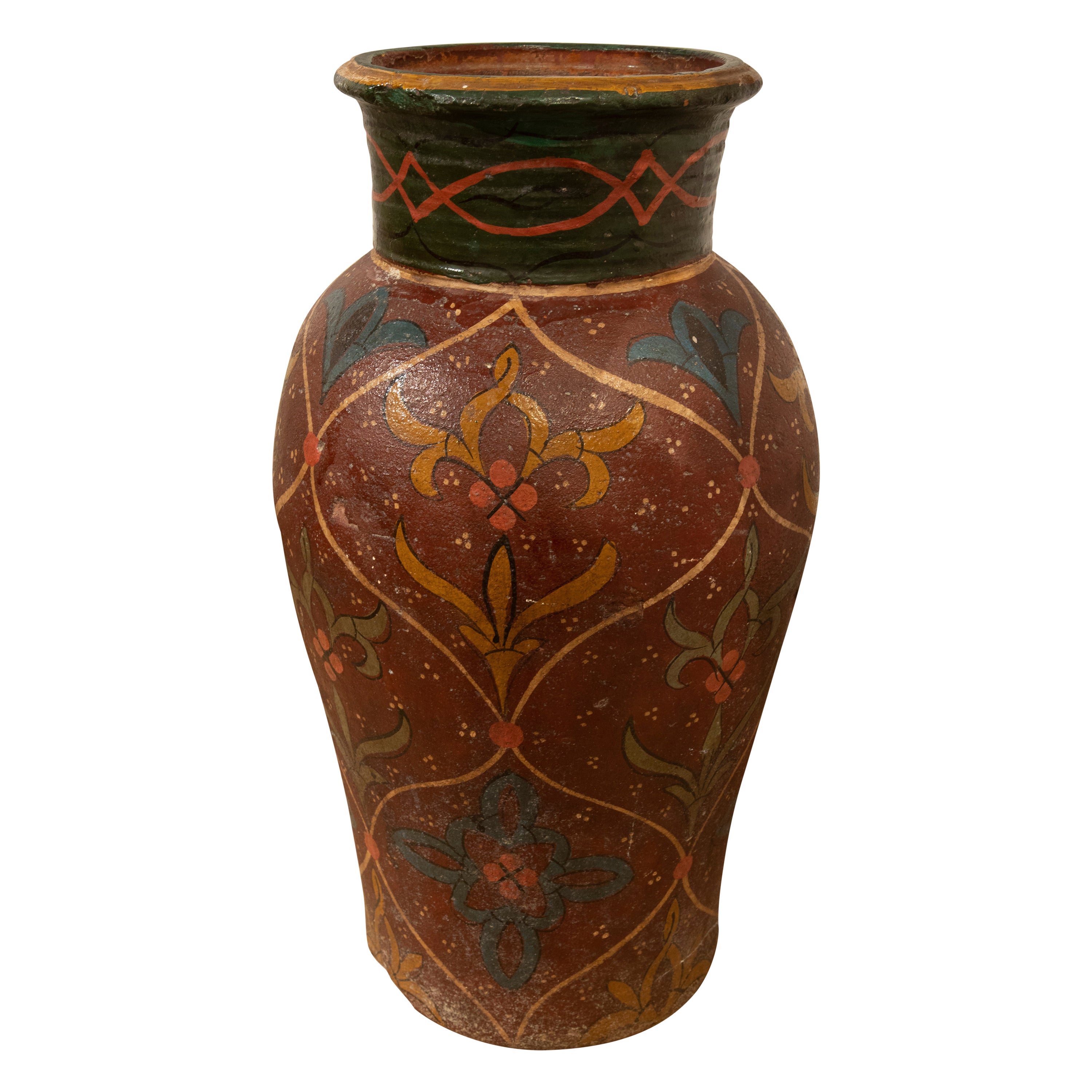 Hand-Painted Terracotta Vase with Flower Decoration For Sale