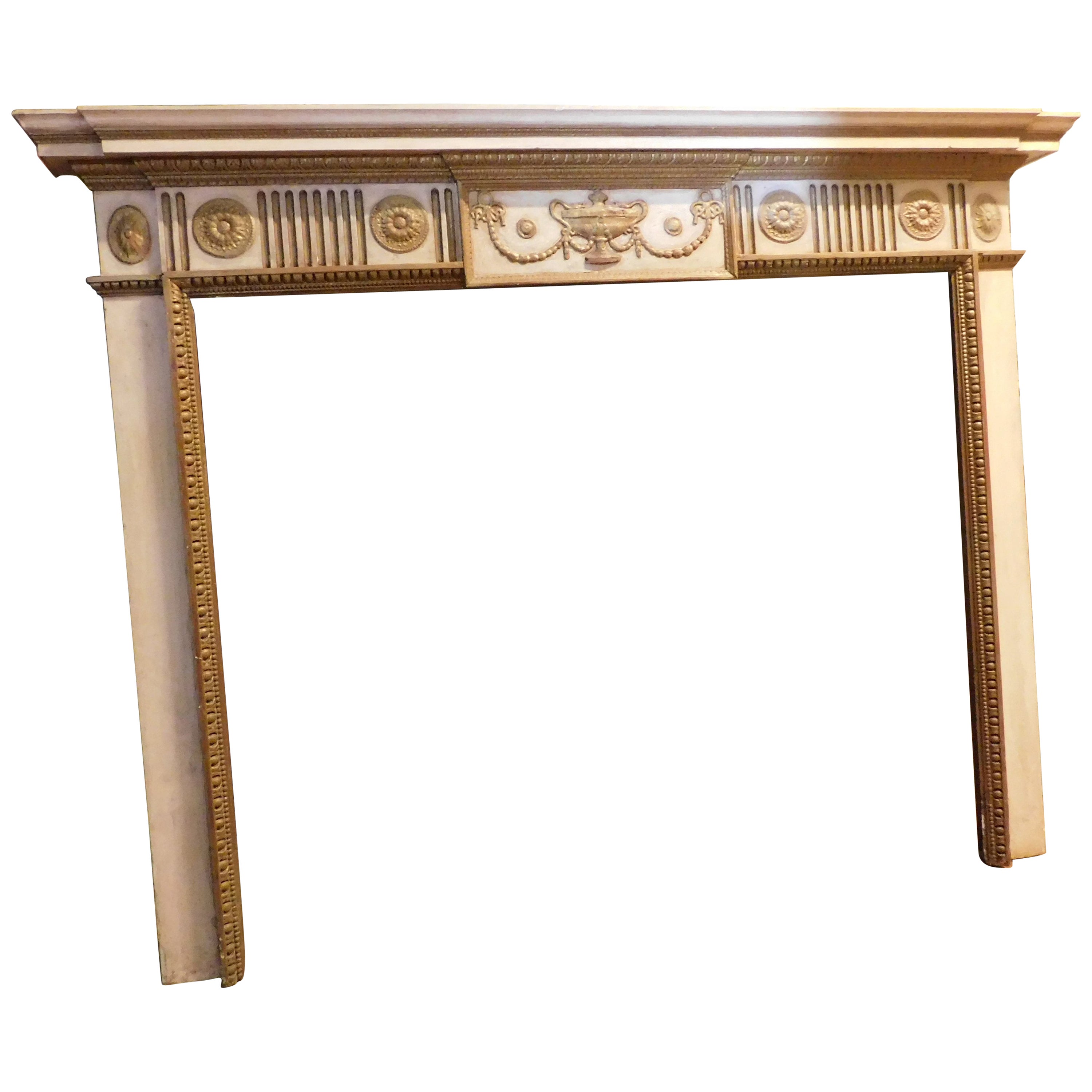 Fireplace Mantle, Carved and White and Gold Lacquered Wood, 18th Century France For Sale