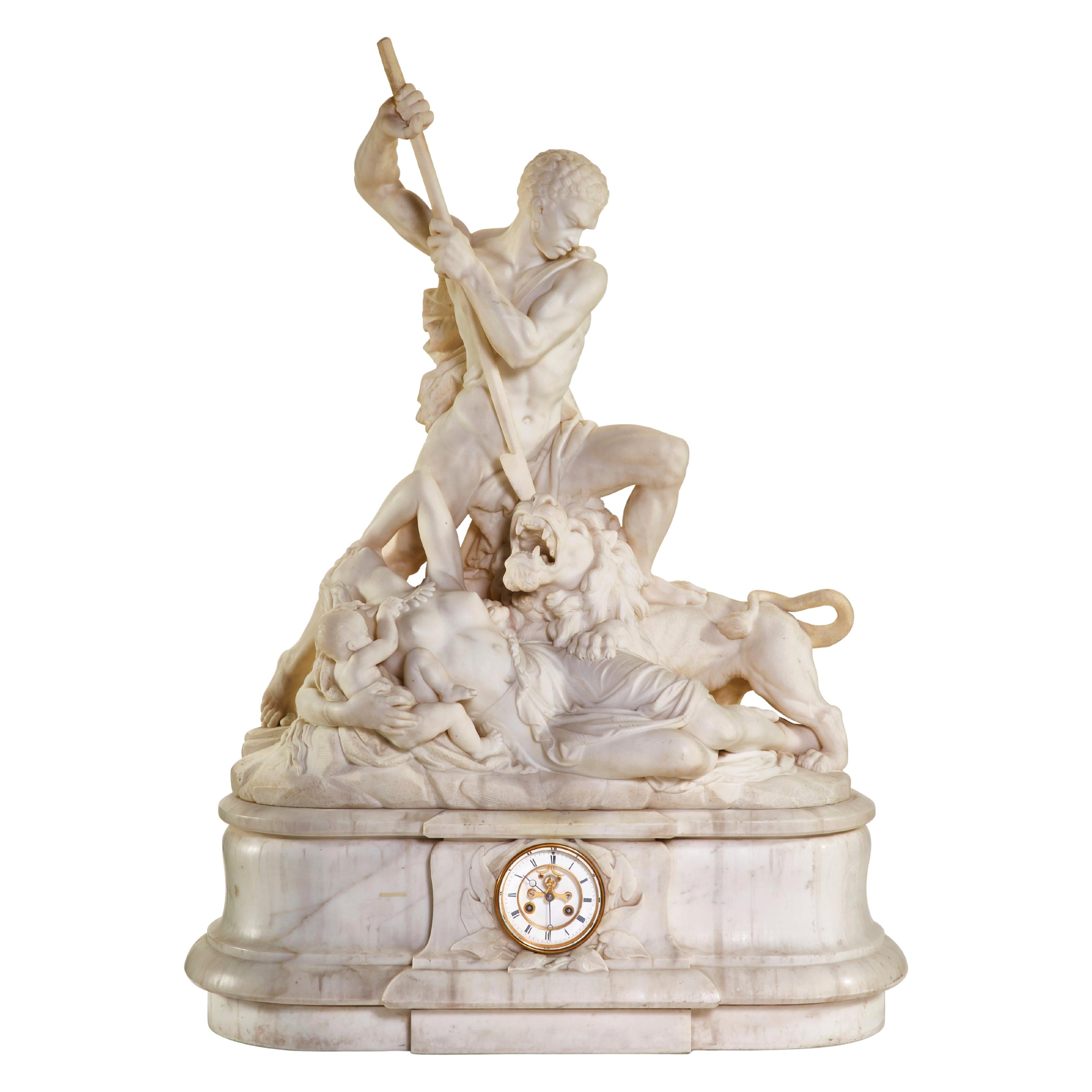 Exceptional White Marble Figural Sculpture Clock, "Nubian Slaying the Lion" For Sale