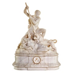 Exceptional White Marble Figural Sculpture Clock, "Nubian Slaying the Lion"