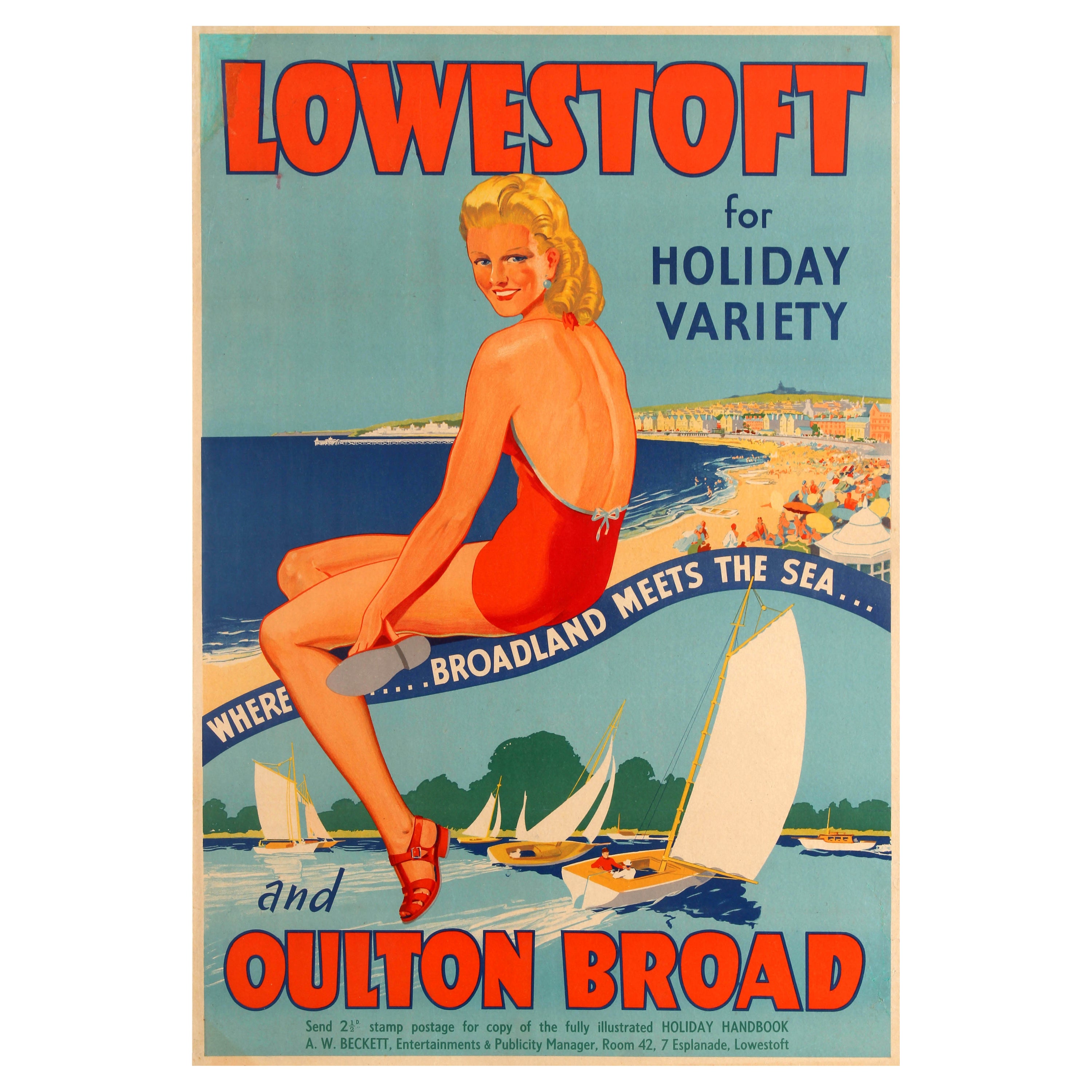 Original Vintage Travel Poster Lowestoft And Oulton Broad For Holiday Variety For Sale