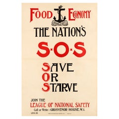 Original Antique WWI Propaganda Poster Save Or Starve SOS Food Economy Safety