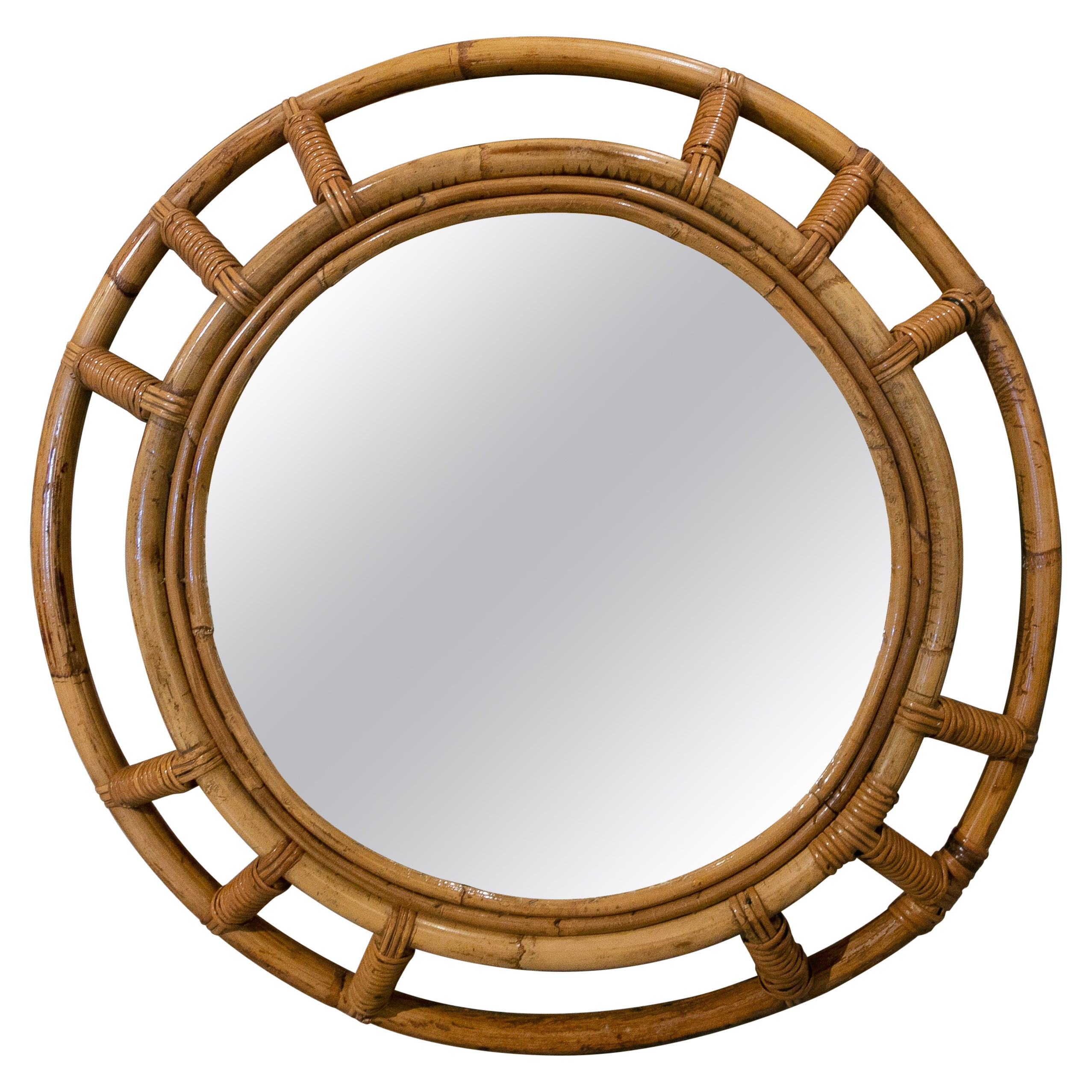 1970s Spanish Round Bamboo Wall Mirror