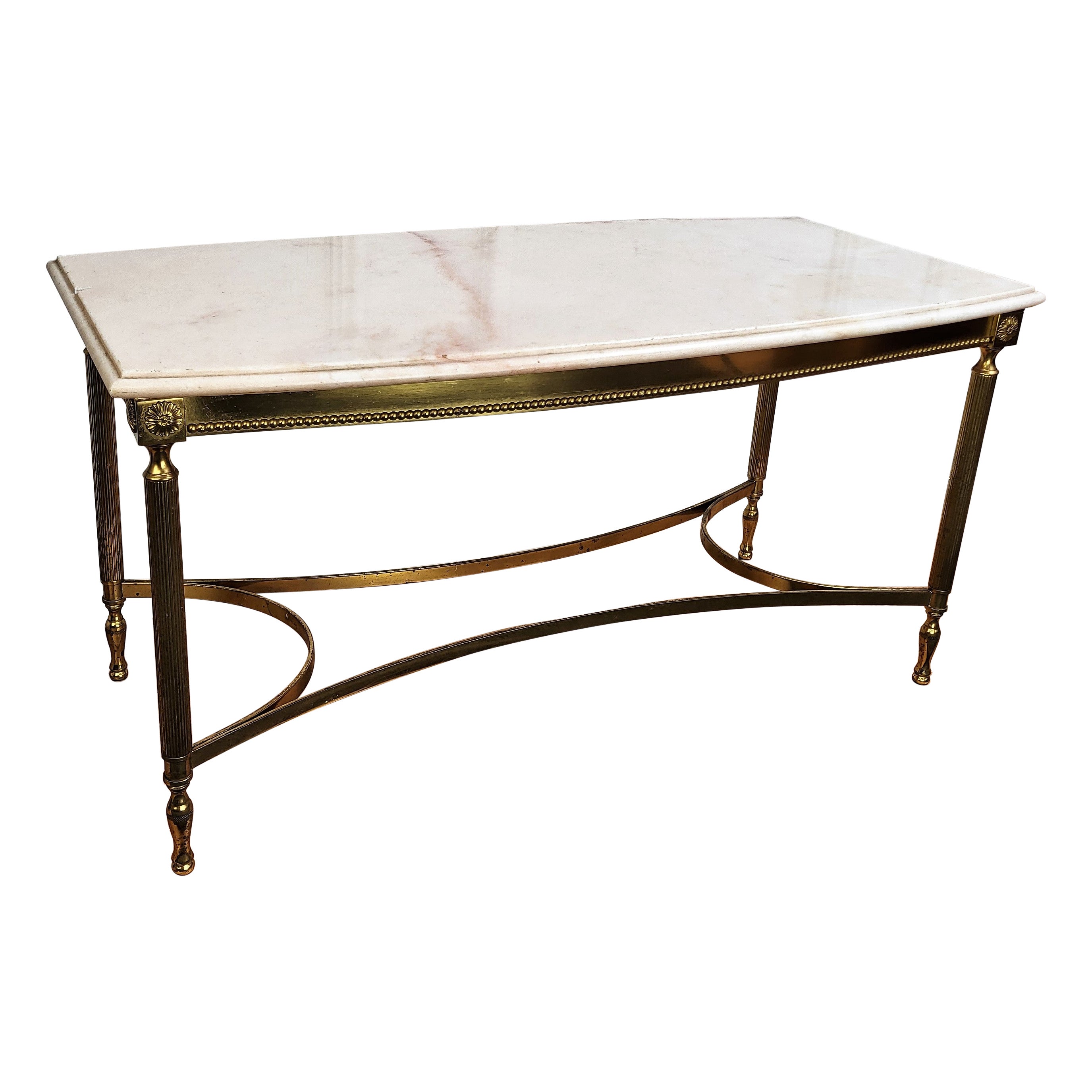 1980s Italian Mid-Century Hollywood Regency Brass and Marble Side Coffee Table For Sale