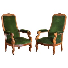 Pair French Louis Philippe Light Walnut & Upholstered Fauteuils, 2ndq 19th Cen