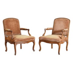 Pair French Louis XV Period Shaped Light Walnut & Upholstered Fauteuils, 18thc