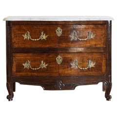 French Louis XV Period Walnut & Inlaid Marble Top Commode, mid 18th century