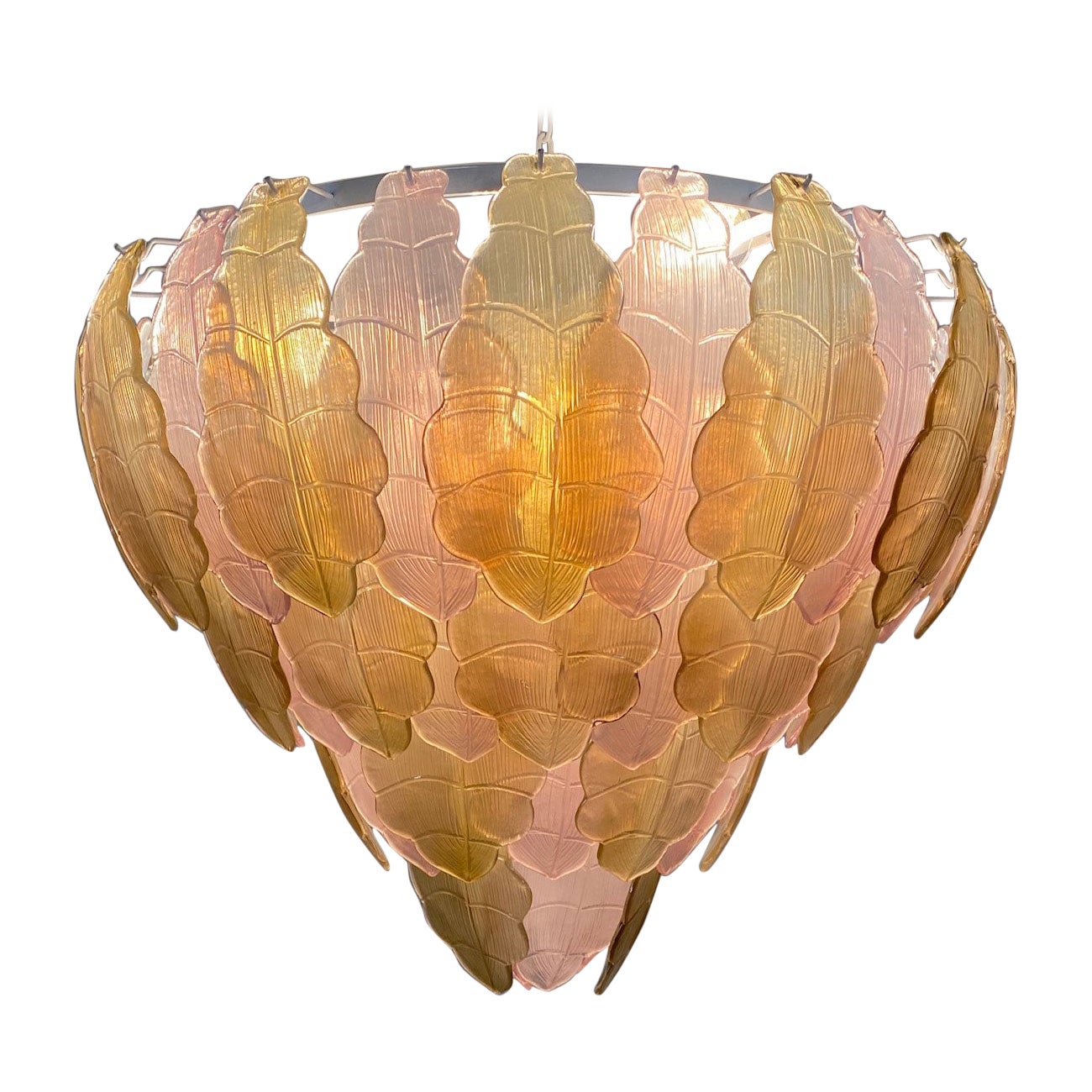 Italian Art Deco Gold and Pink Murano Glass Chandelier  For Sale