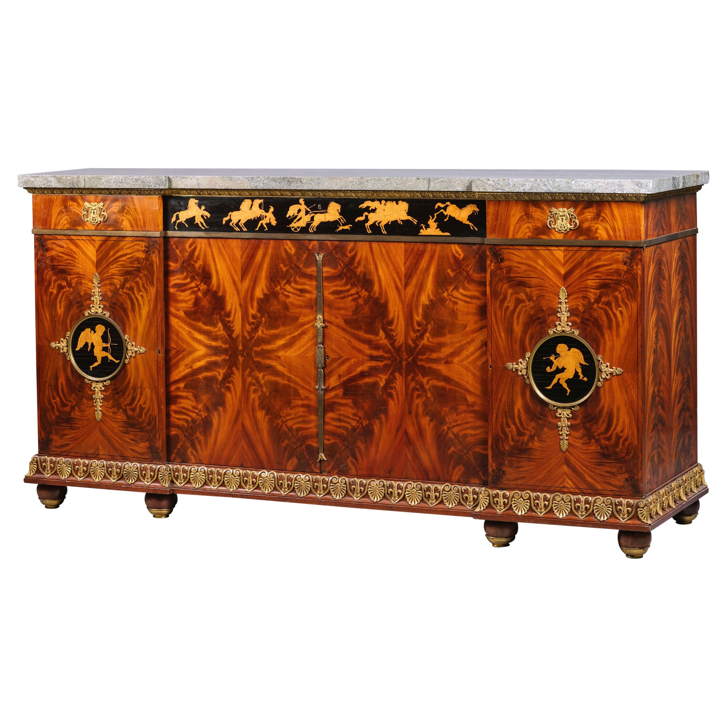 Armario Buffet de Marquetería Montado en Bronce Dorado Estilo Imperio, de François Linke
