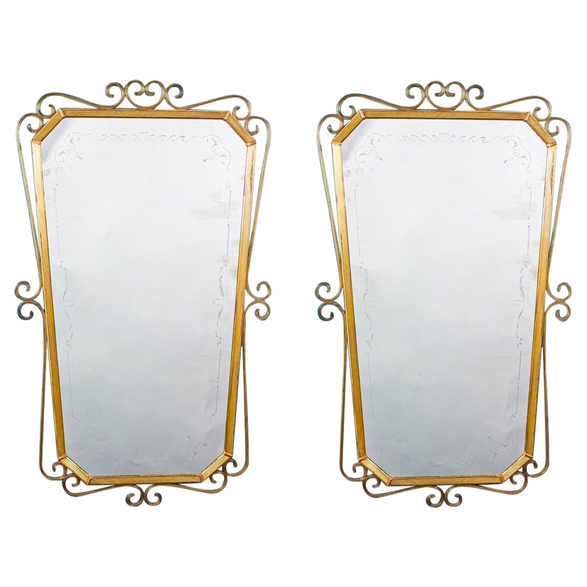 Pair of Elegant Italian  Mid -Century Brass Mirrors 1950' For Sale