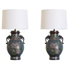 Antique Pair Enameled Bronze Cloisonne Table Lamps, Early 20th Century