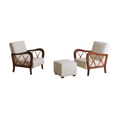 Pair of Maple Lounge Chairs with Pouf in the Style Paolo Buffa, Italy
