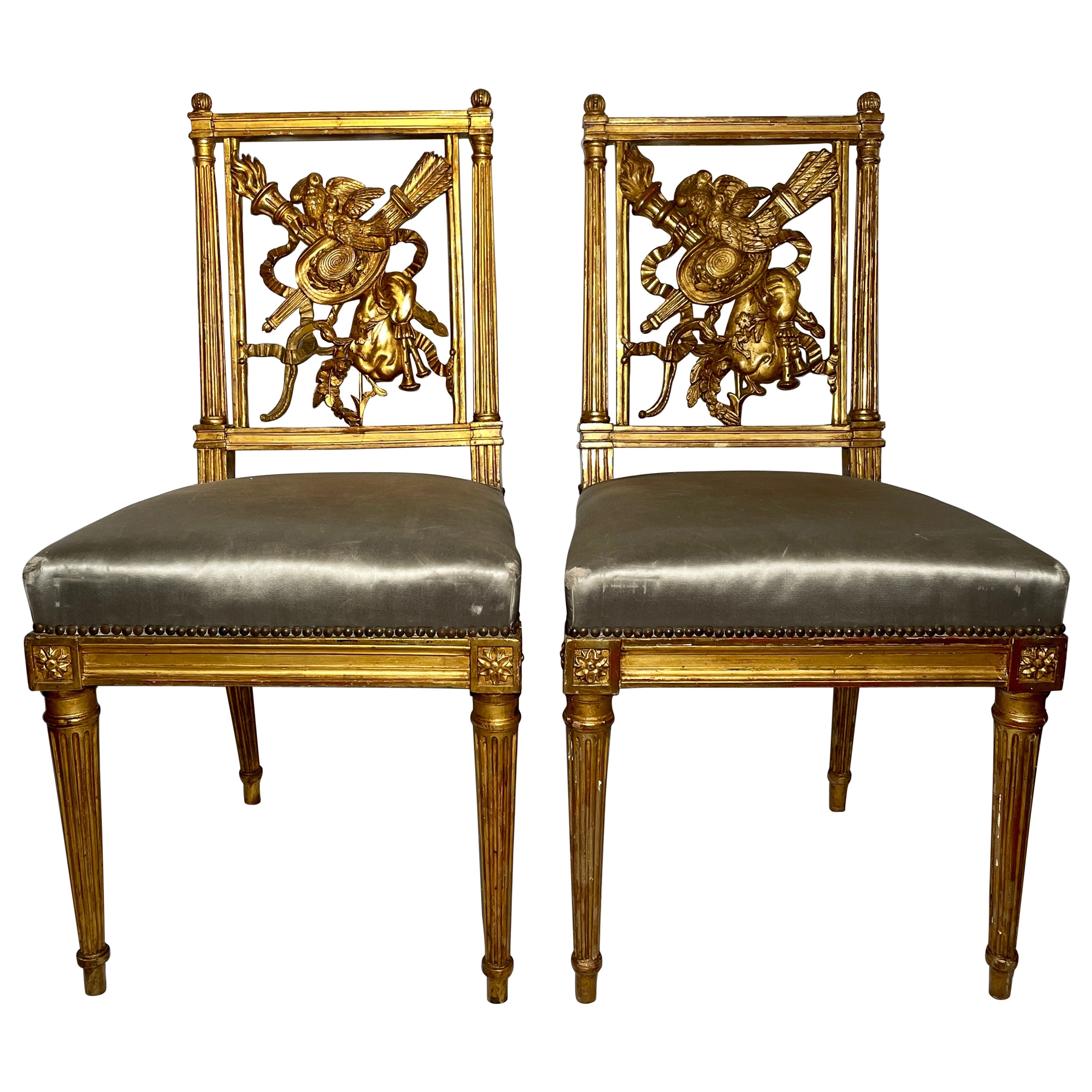 Pair Antique French Louis XVI Gold Leaf Side Chairs, Circa 1880