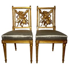 Pair Antique French Louis XVI Gold Leaf Side Chairs, Circa 1880