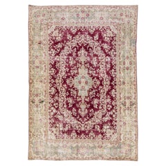 Tappeto vintage persiano Tabriz fatto a mano in lana rossa con motivo a medaglione