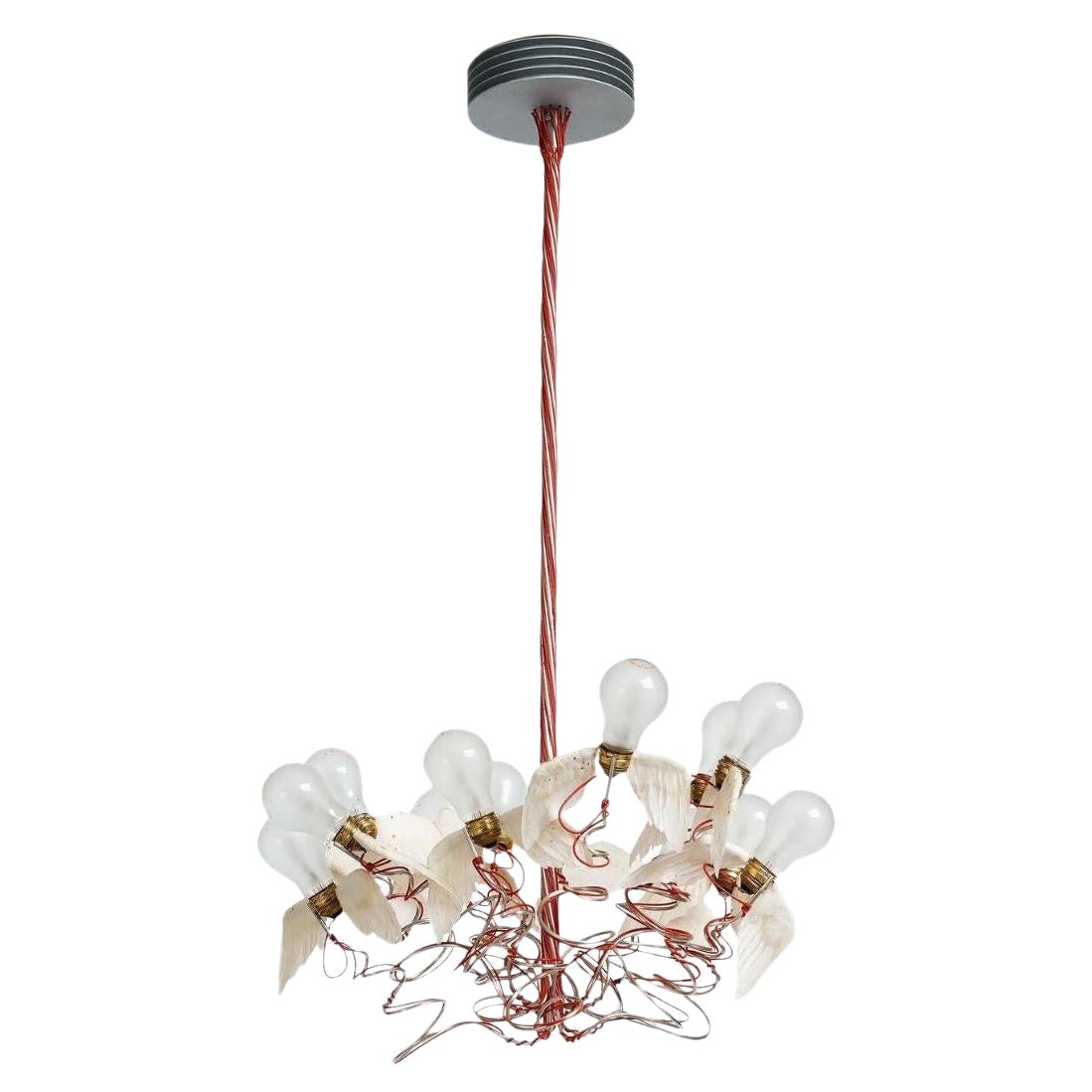 'Birdie' Pendant Lamp in Red and Goose Feather Wings for Ingo Maurer For Sale