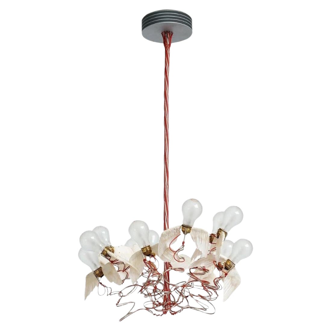 'Birdie' Pendant Lamp in Red and Goose Feather Wings for Ingo Maurer