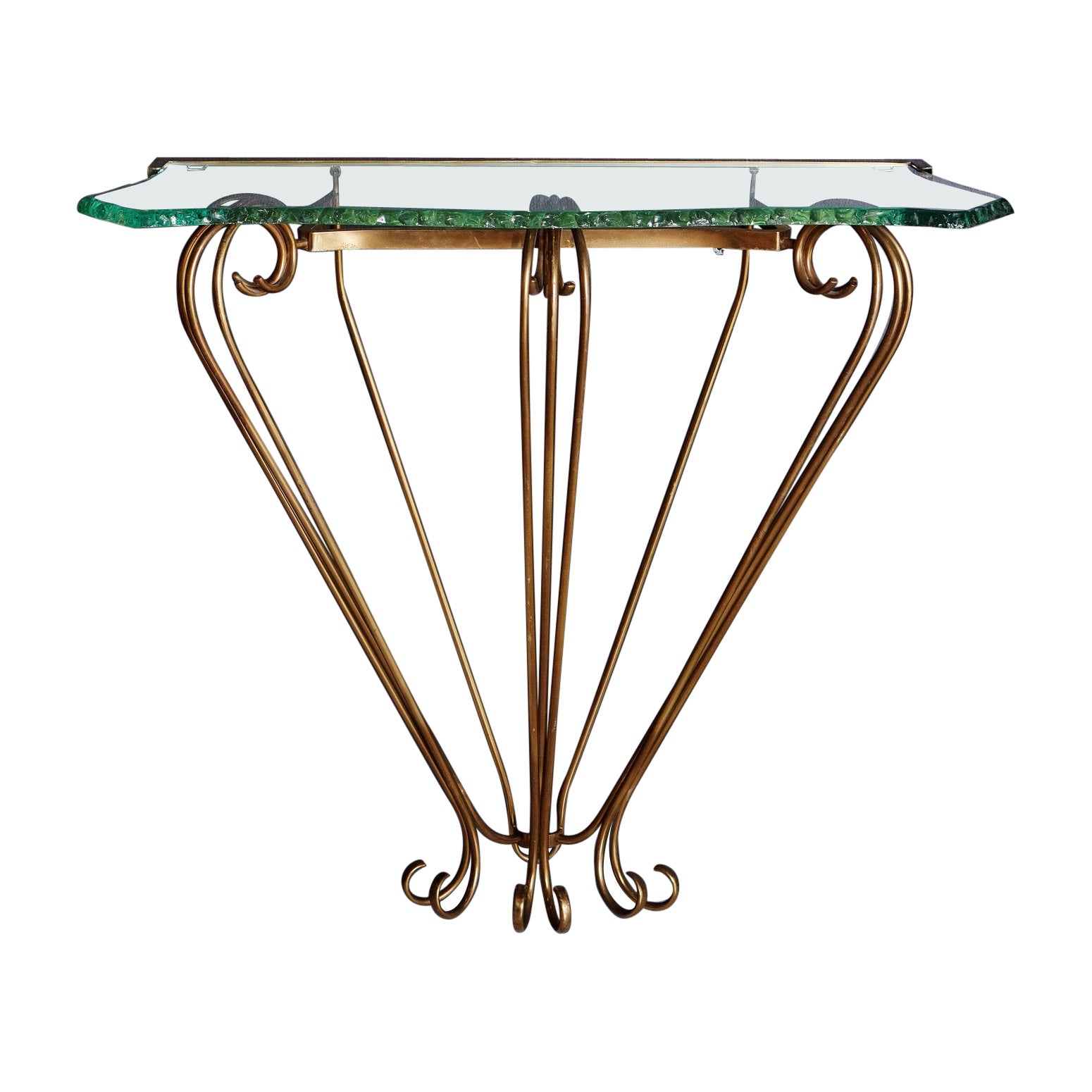 Brass + Glass Wall Mounted Console in the Style of Fontana Arte, France For Sale