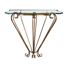 Vintage Brass + Glass Wall Mounted Console in the Style of Fontana Arte, France
