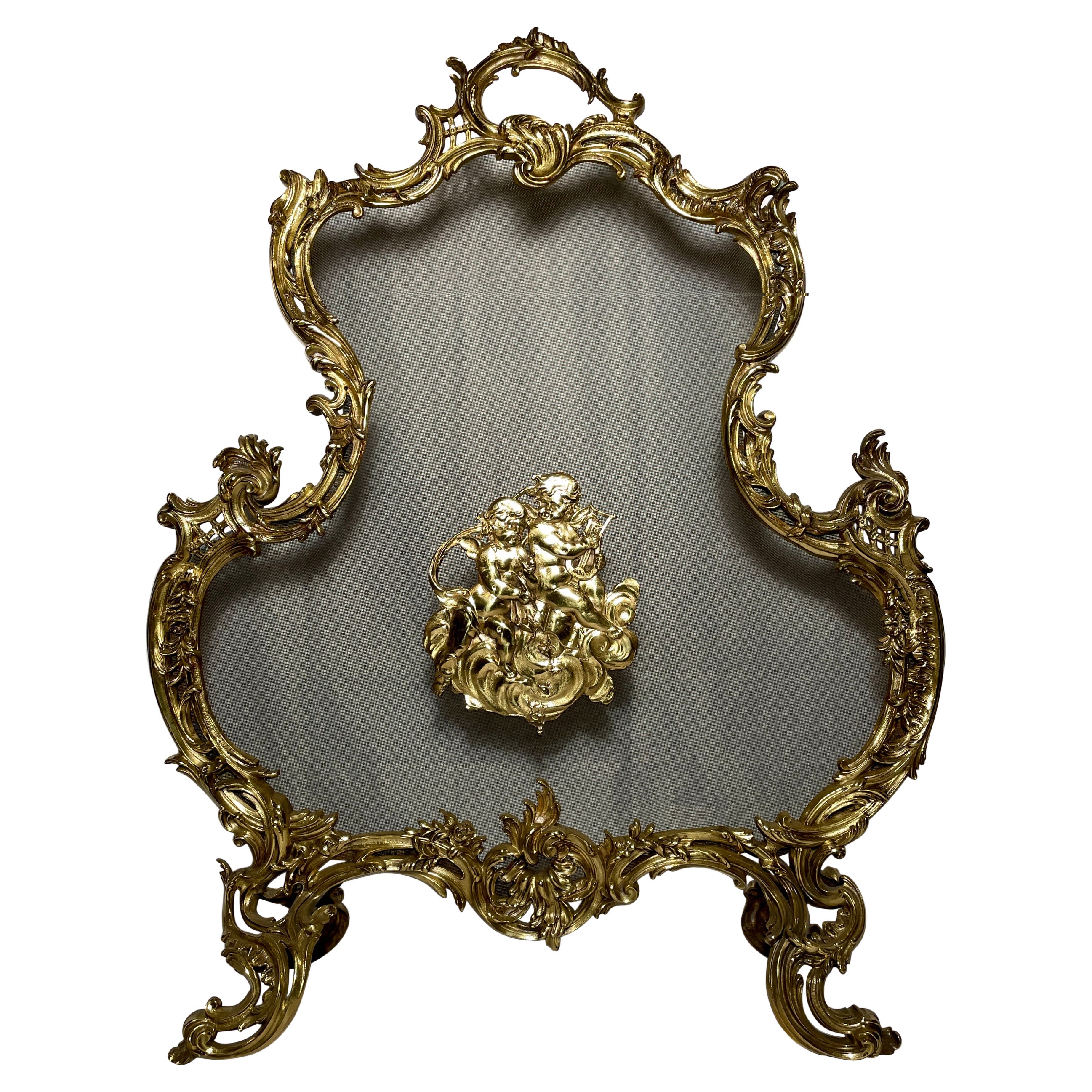Antique French Louis XV Style Gold Bronze Fire Screen, Circa 1900 For Sale
