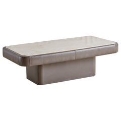 Vintage Leather + Travertine Top Coffee Table Attributed to De Sede, Switzerland, 1980s