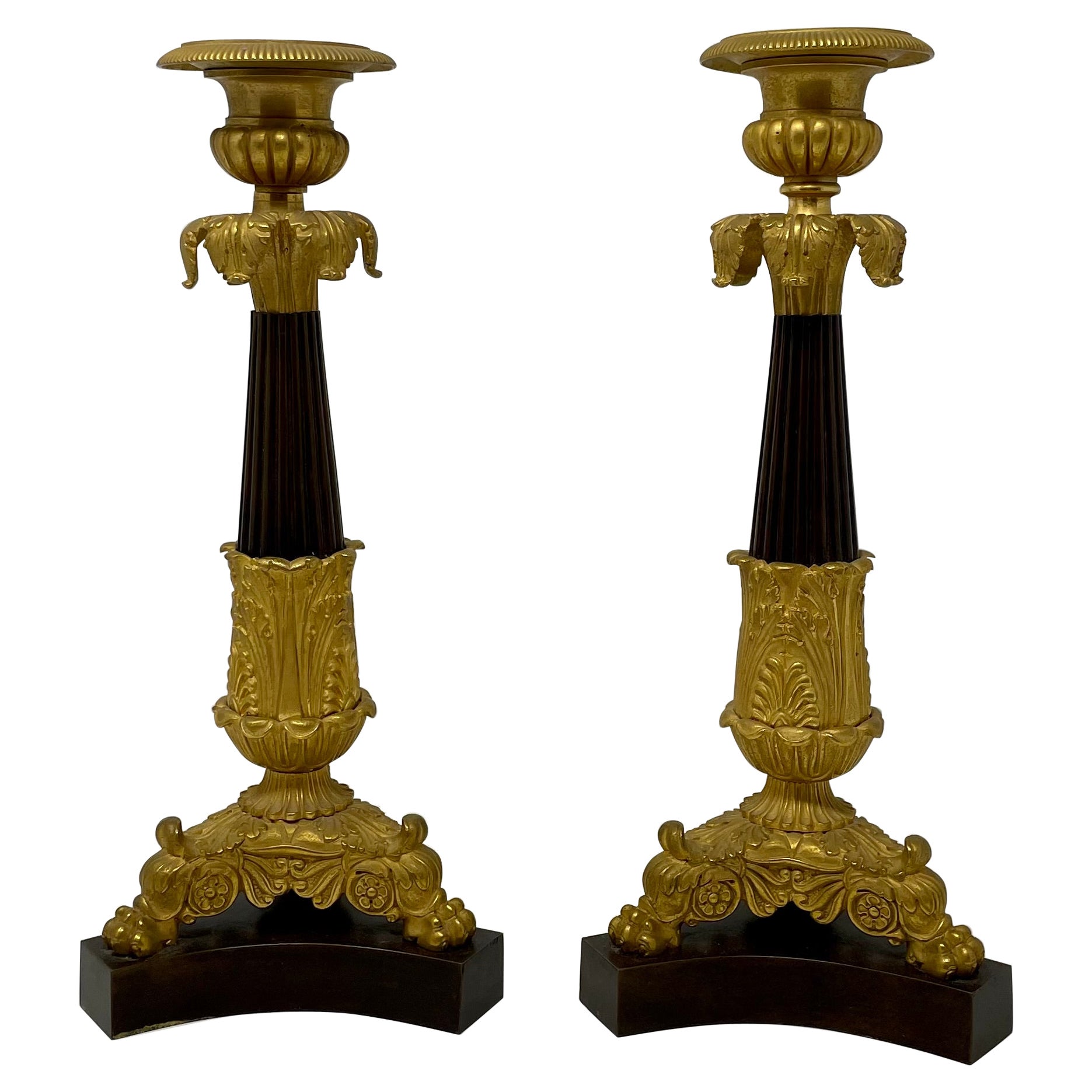 Pair Antique French Charles X Gold & Patinated Bronze Candlesticks, Circa 1880 For Sale