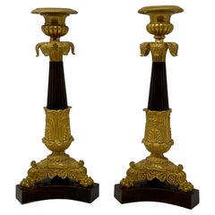 Pair Antique French Charles X Gold & Patinated Bronze Candlesticks, Circa 1880
