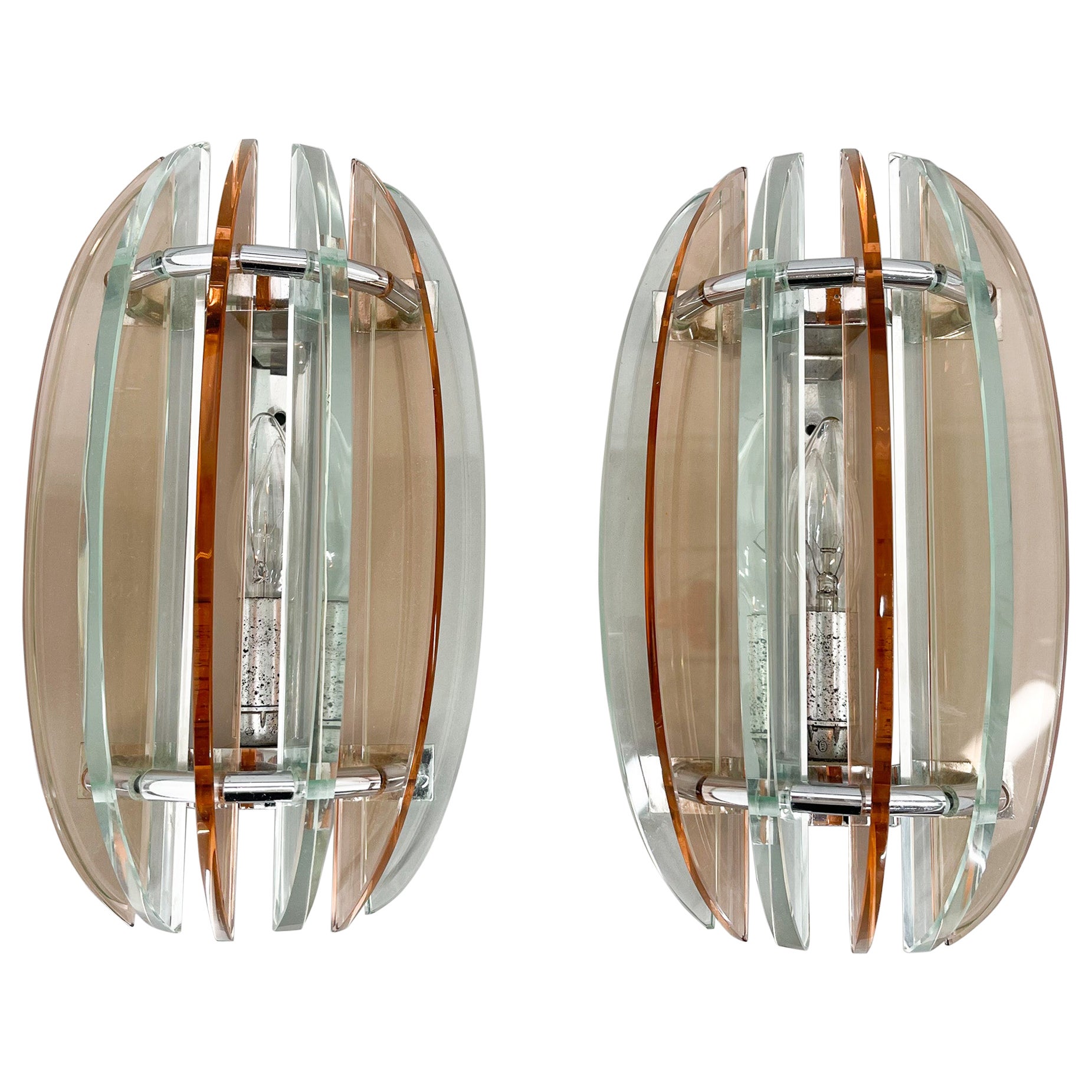 Pair of Italian Murano Glass & Chrome Sconces by Veca, Marked For Sale