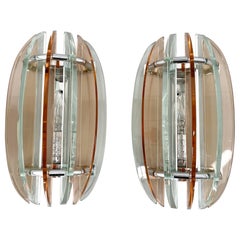 Pair of Italian Murano Glass & Chrome Sconces by Veca, Marked