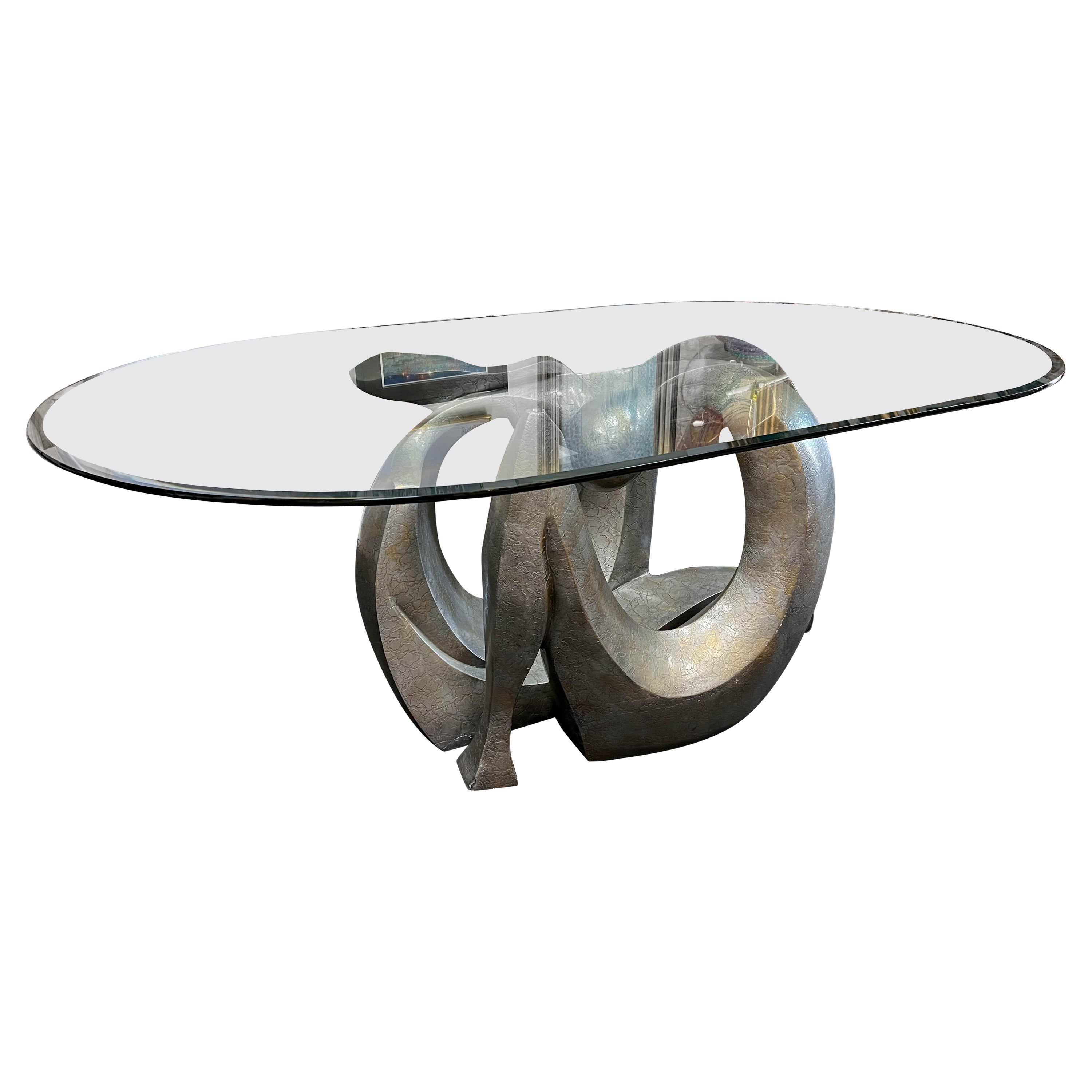 Abstract Base Glass Top Dining Table For Sale
