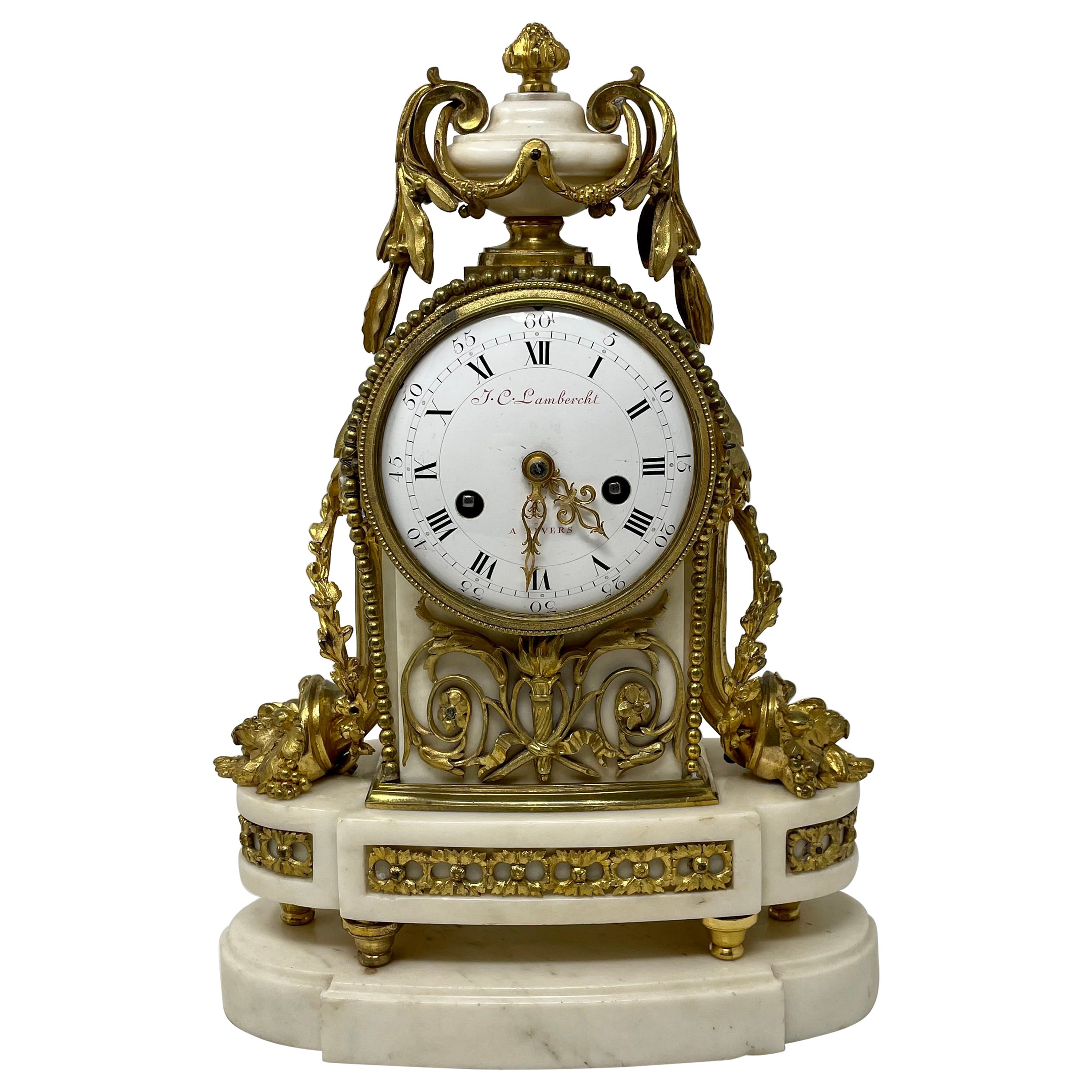 Antique French Louis XVI Carrara Marble and Gold Bronze Mantel Clock, Circa 1880