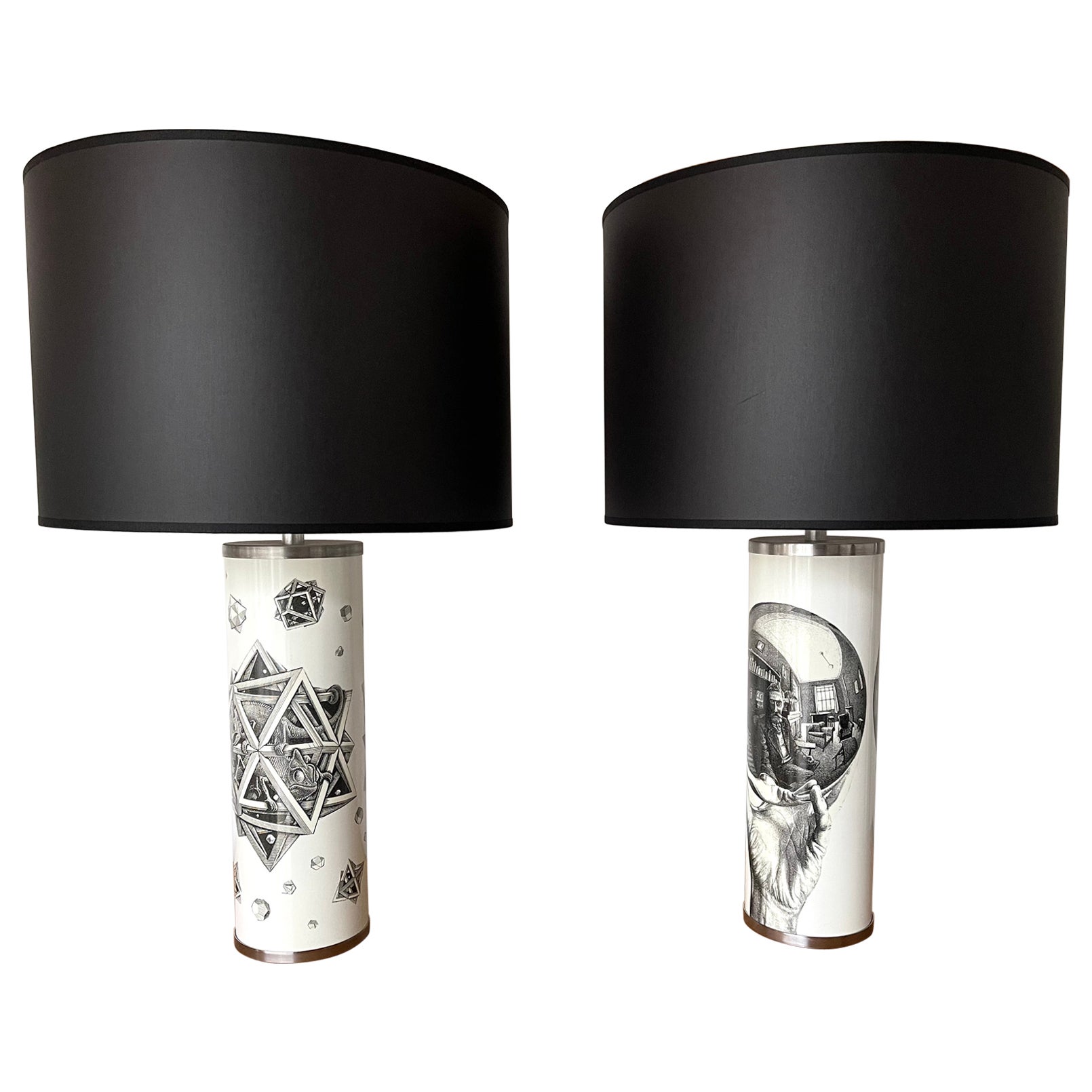 Pair of Lamps Black and White MC Maurits Cornelis Escher. Italy, 1980s For Sale