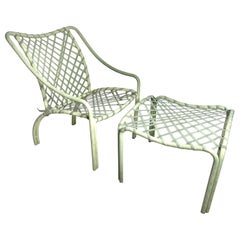 Retro Brown Jordan Pale Green "Tamiami" Woven Lounge Chair and Foot Stool