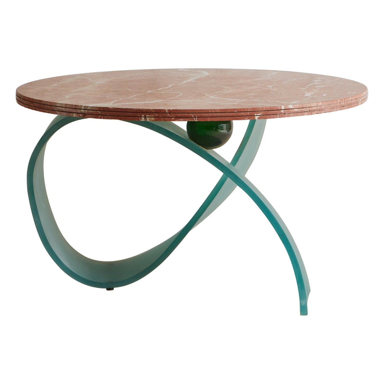 Rojo Coralito Marble Dining Table with Ribbon Glass Base, France 1980s