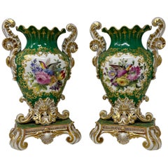 Pair Antique French Old Paris Porcelain Green & Gold Vases, circa 1830-1860