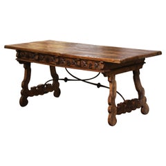 Antique 19th Century Spanish Carved Chestnut and Iron Desk Writing Table with Drawers