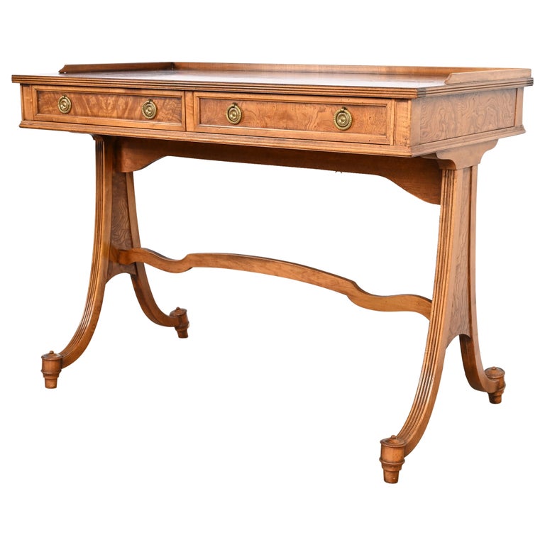 Baker Furniture English Regency Burled Walnut Writing Desk or Console Table  For Sale at 1stDibs