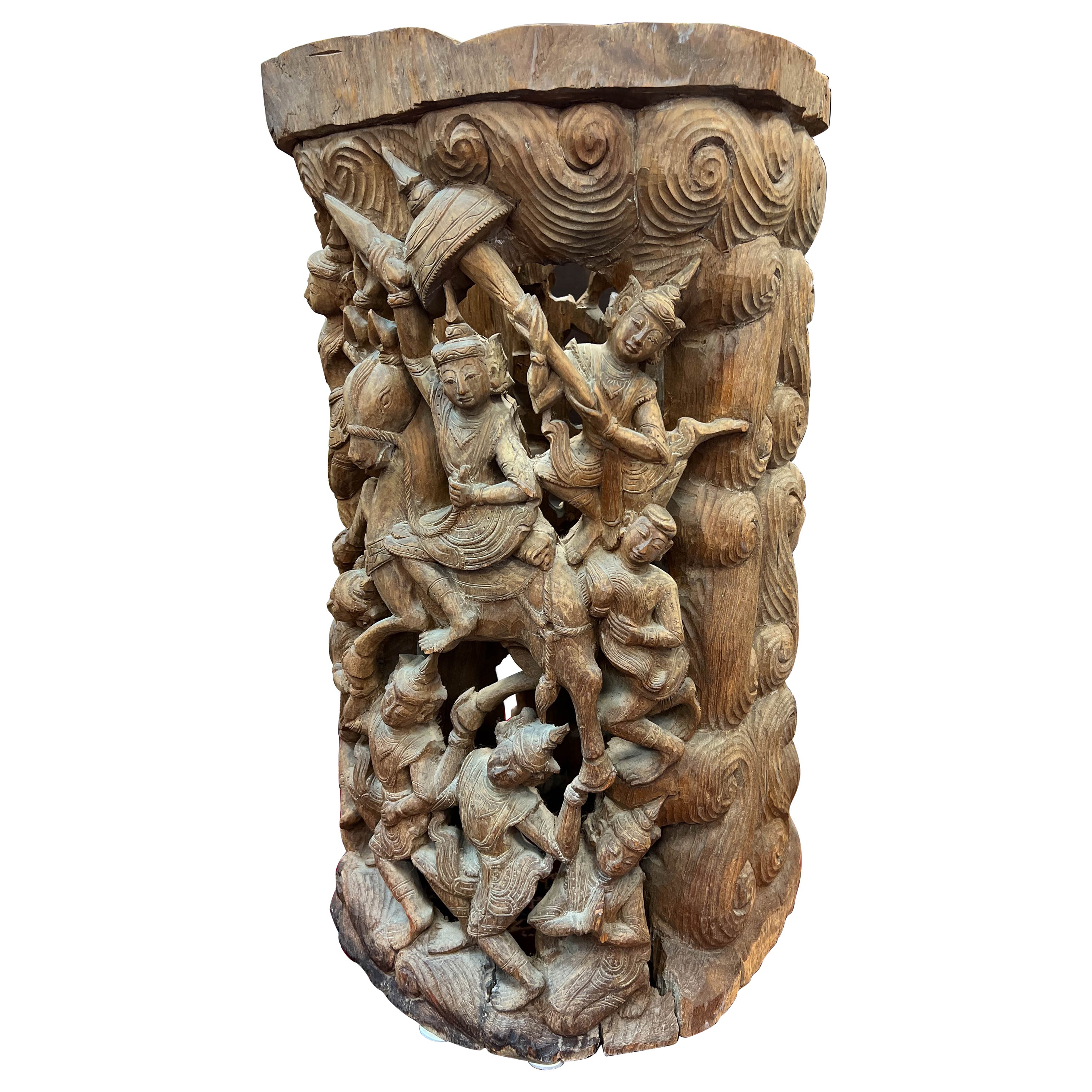 Architectural Carved Wood Thai Drum Pedestal