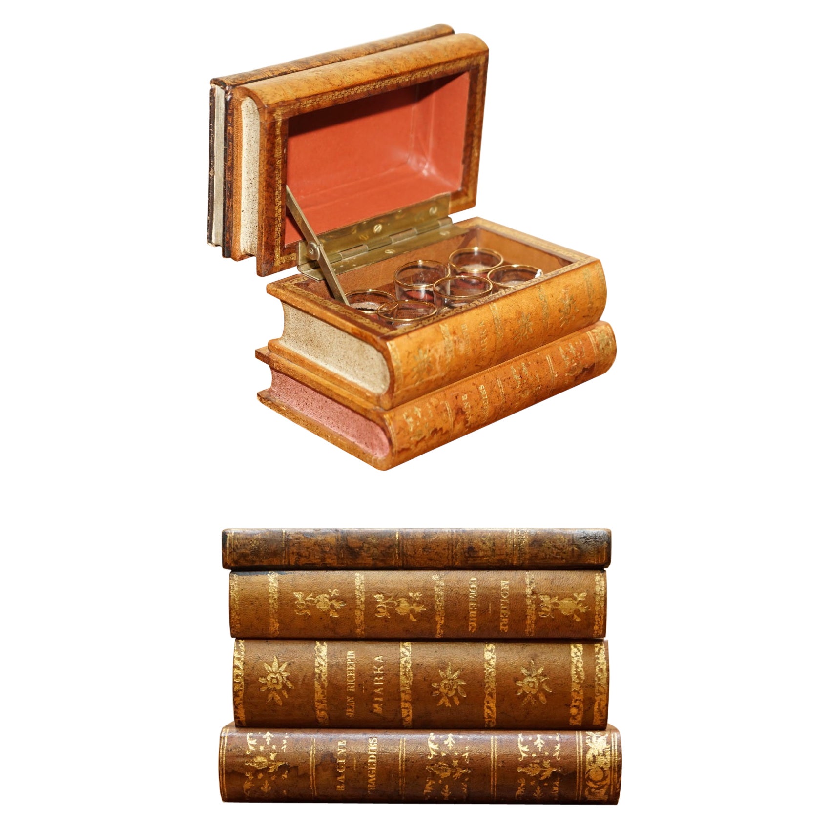Antique Regency circa 1820 Brown Leather Faux Books Shot Glass Drinks Bar Set For Sale