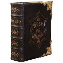 19th Century English Leather Bound and Brass Locks Family Holy Bible