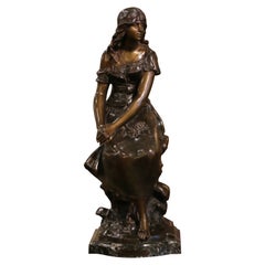 19th Century French Patinated Spelter Sculpture of Young Woman Signed A. Moreau