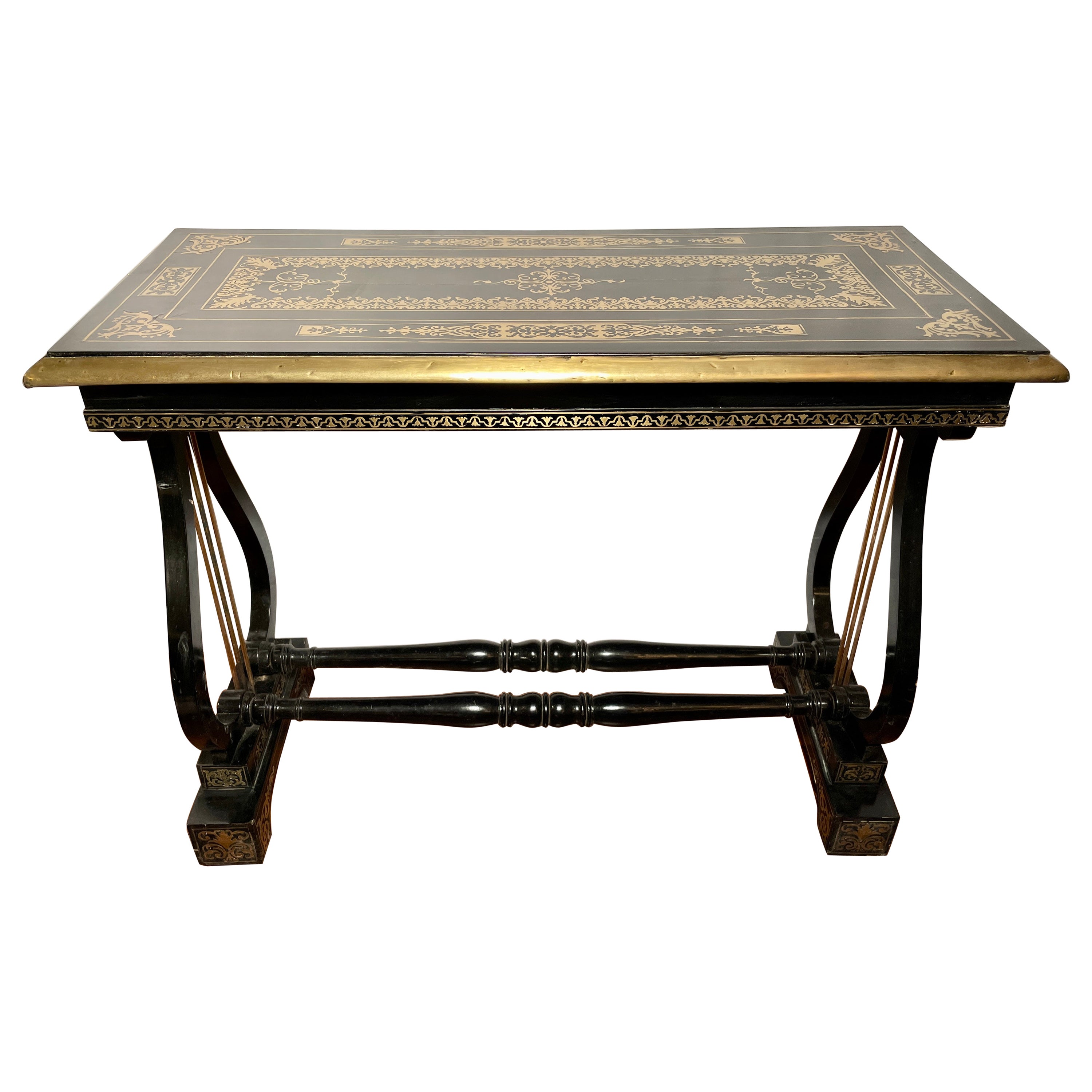 Antique English Regency Inlaid Ebonized Wood Table, Circa 1890