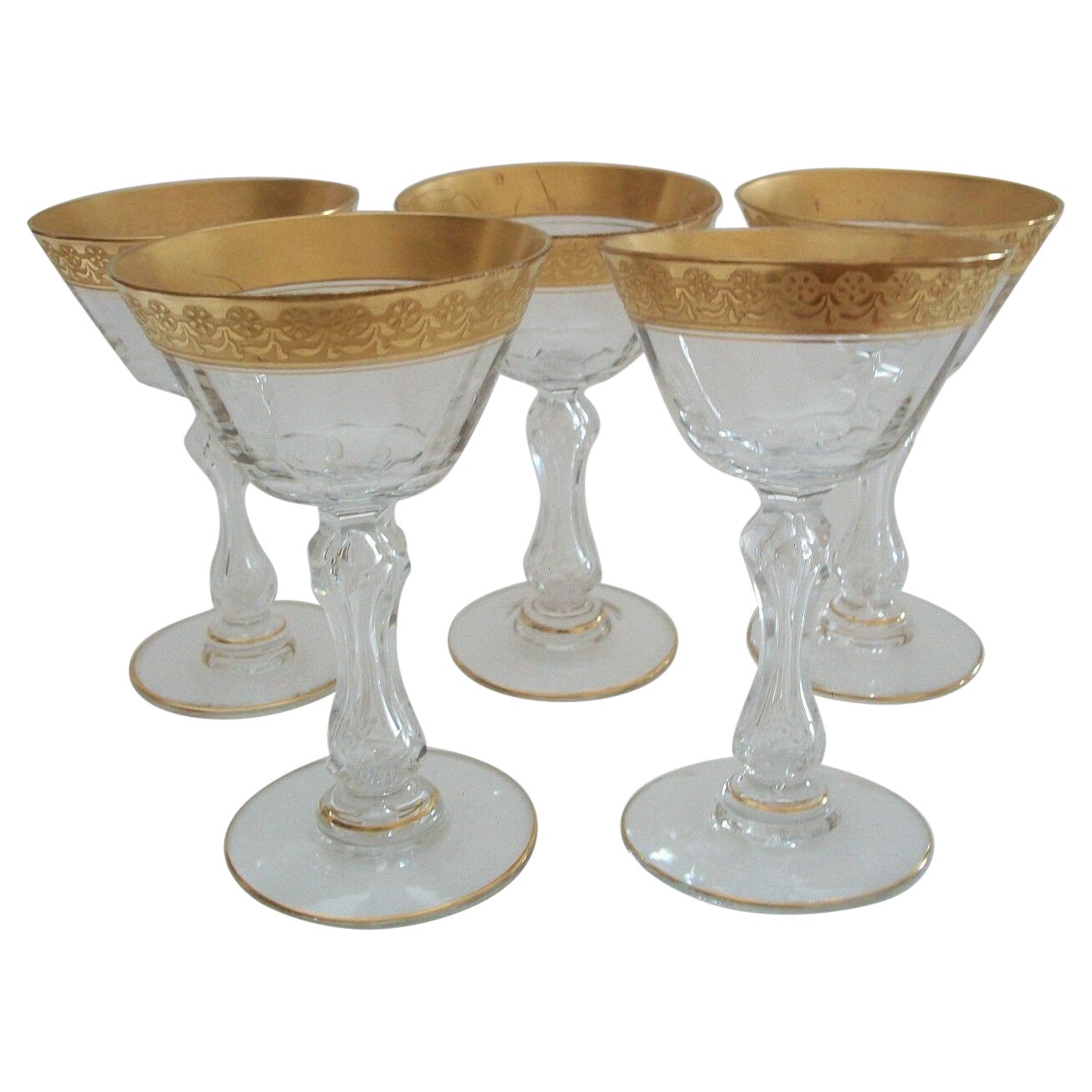 Tiffin Glass, Cut Crystal Sherry Glasses, Gold Rims, U.S.A., Circa 1950's