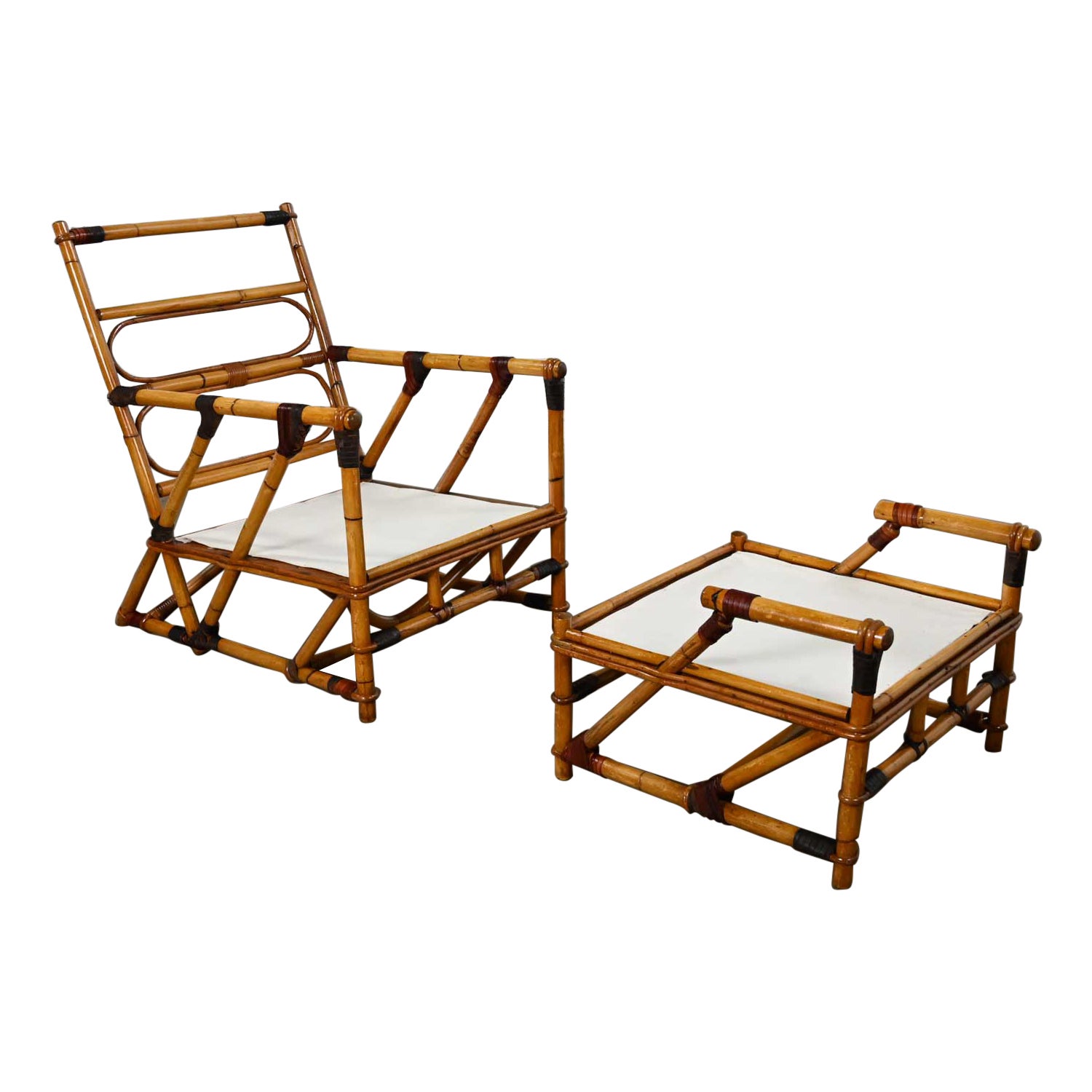 Campaign Island Style Rattan Lounge Chair & Ottoman Style Ficks Reed & McGuire For Sale