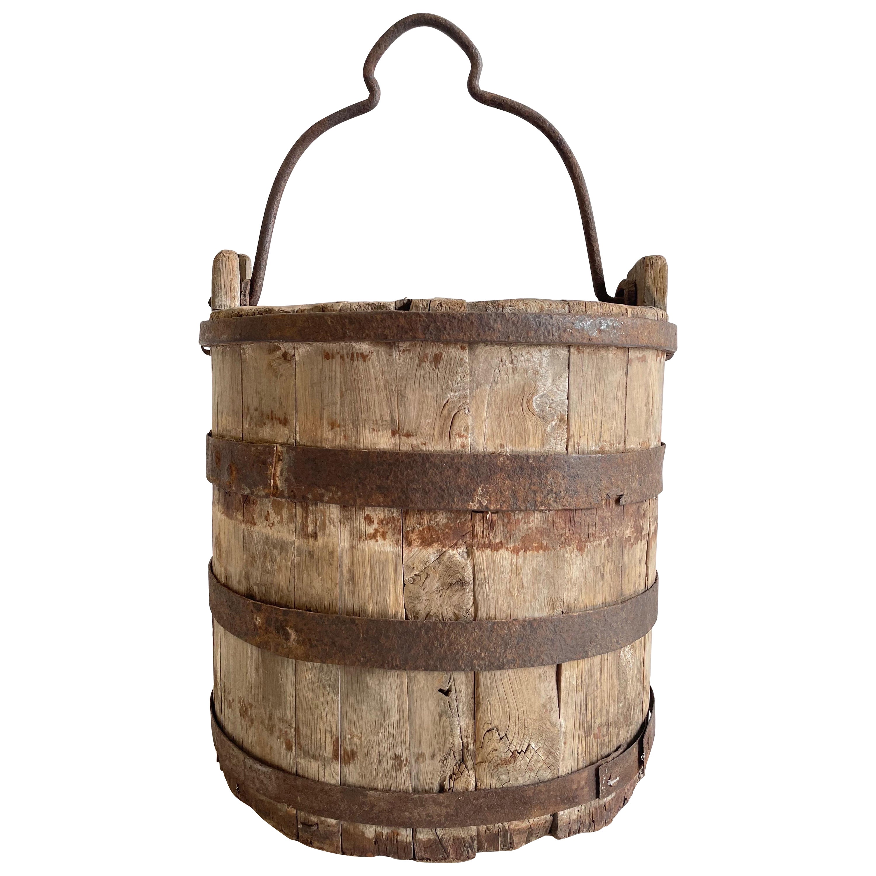 Vintage Weathered Cypress Wood Garden Buckets with Handle