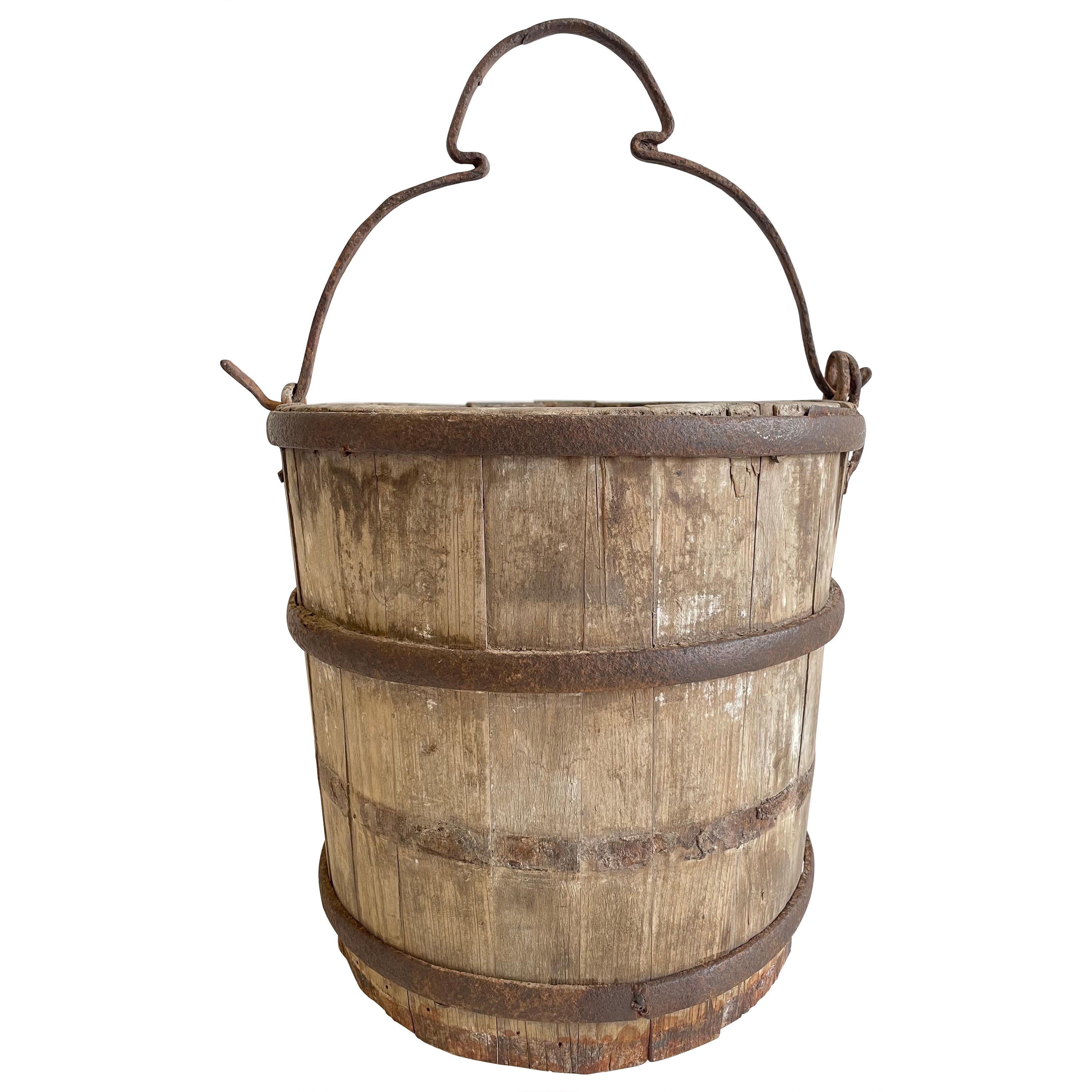 Vintage Weathered Cypress Wood Garden Buckets with Handle For Sale