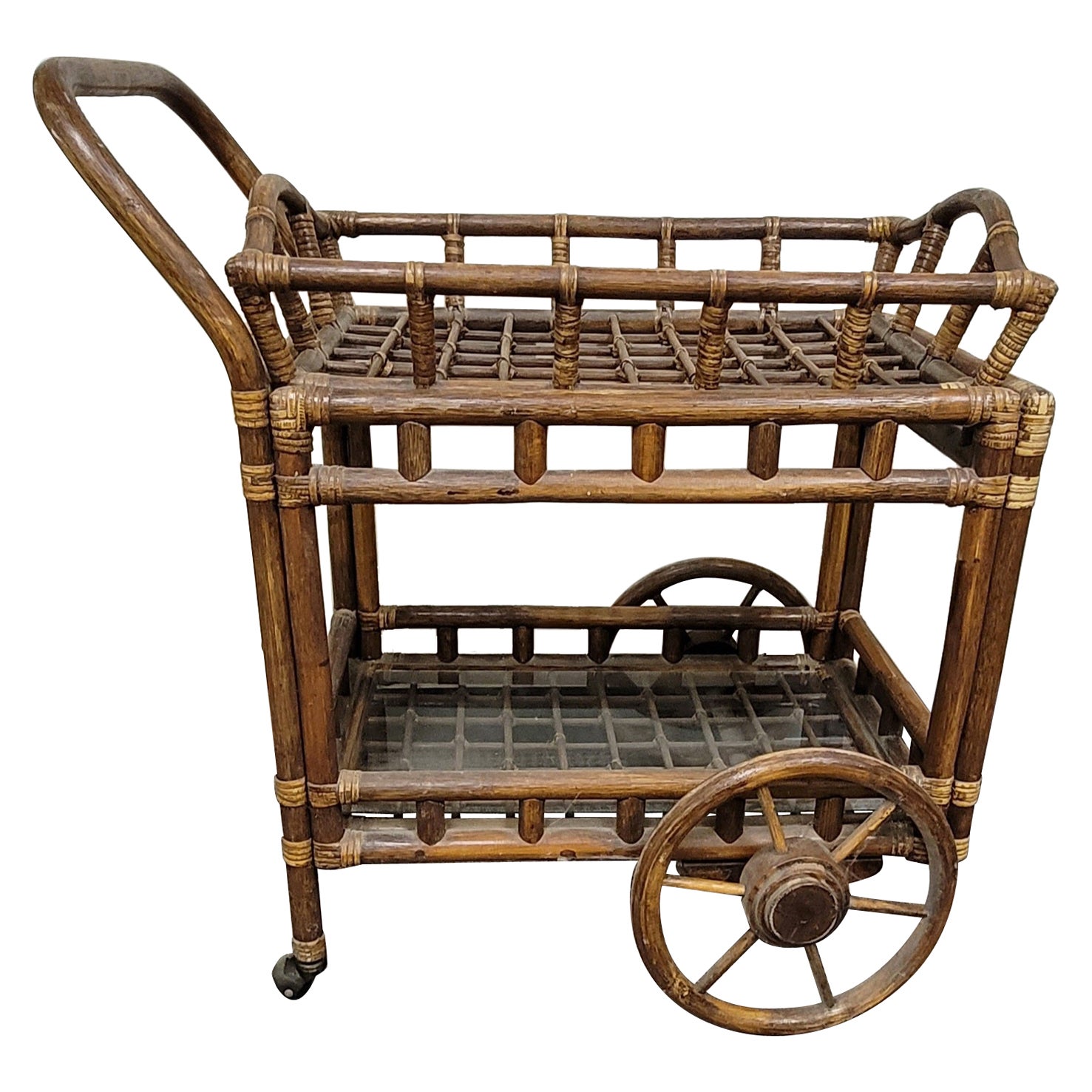 Mid-Century Boho Chic Rattan Beverage Rolling Bar Cart W/ Removable Serving Tray For Sale