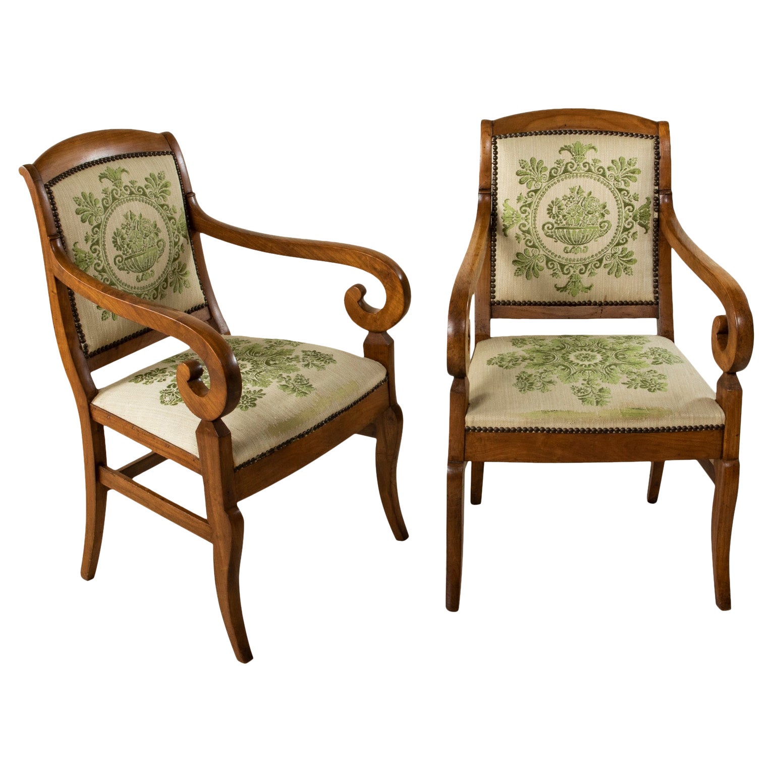 Early 19th Century French Restauration Period Elm Armchairs with Urn Motif
