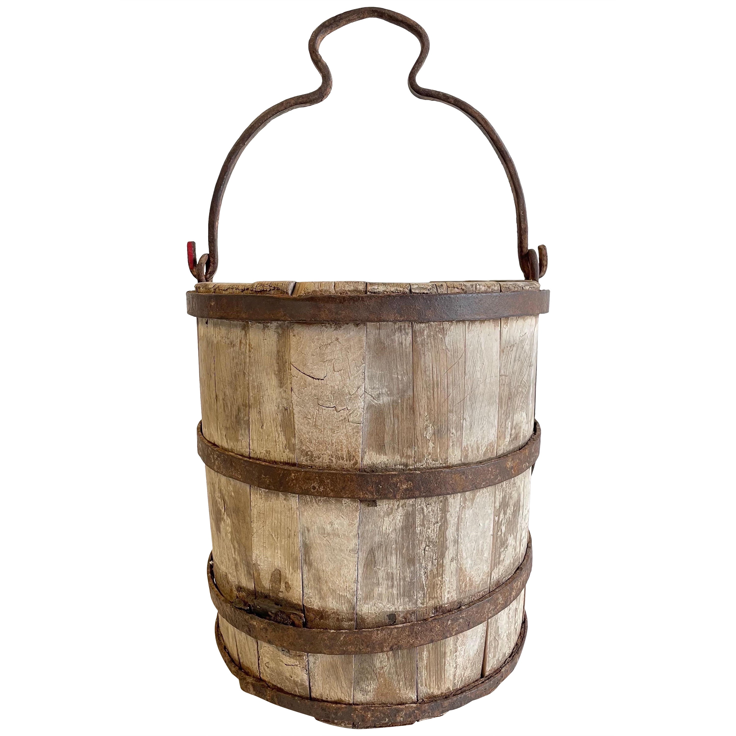 Vintage Weathered Cypress Wood Garden Buckets with Handle For Sale